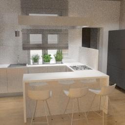 db-PRACOWNIA ARCHITEKTONICZNA architektura i aranżacje wnętrz - Wizualizacja nowoczesnej kuchni z białym blatem, trzema hokerami i roślinami w doniczkach na parapecie okna.