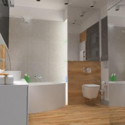 db-PRACOWNIA ARCHITEKTONICZNA architektura i aranżacje wnętrz - Wizualizacja nowoczesnej łazienki z drewnianymi akcentami, owalną wanną i minimalistyczną umywalką z ręcznikami.