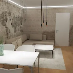 Wizualizacja salonu z mapą świata na ścianie, minimalistycznym oświetleniem wiszącym i białymi meblami, w tym stołem jadalnym z trzema wazonami z trawą.