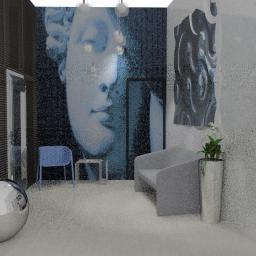 db-PRACOWNIA ARCHITEKTONICZNA architektura i aranżacje wnętrz - Wizualizacja pokoju z dekoracyjną ścianą z portretem, nowoczesnym siedziskiem, rośliną w metalowej donicy i chromowaną kulą.