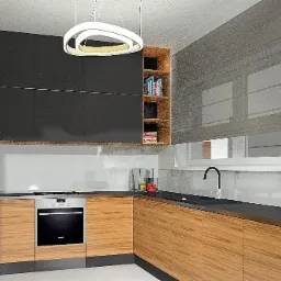 Wizualizacja nowoczesnej kuchni z czarnymi szafkami górnymi, drewnianymi frontami dolnymi i okrągłą lampą wiszącą. Na blacie widoczny czarny zlew i bateria, a na półce obok szafek książki i dekoracje.