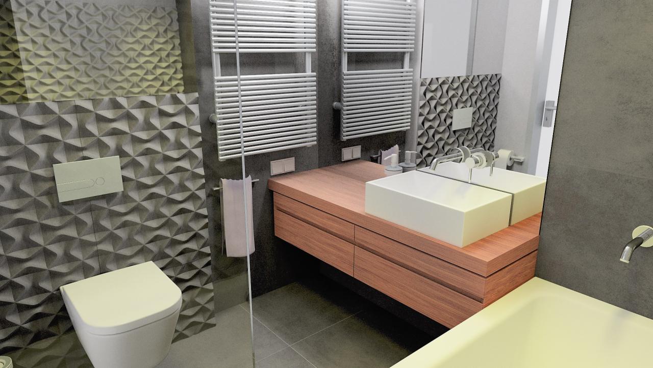 Nowoczesna łazienka z geometrycznymi płytkami 3D na ścianie, drewnianą szafką pod umywalką z dwiema prostokątnymi umywalkami, grzejnikami drabinkowymi i białą toaletą.