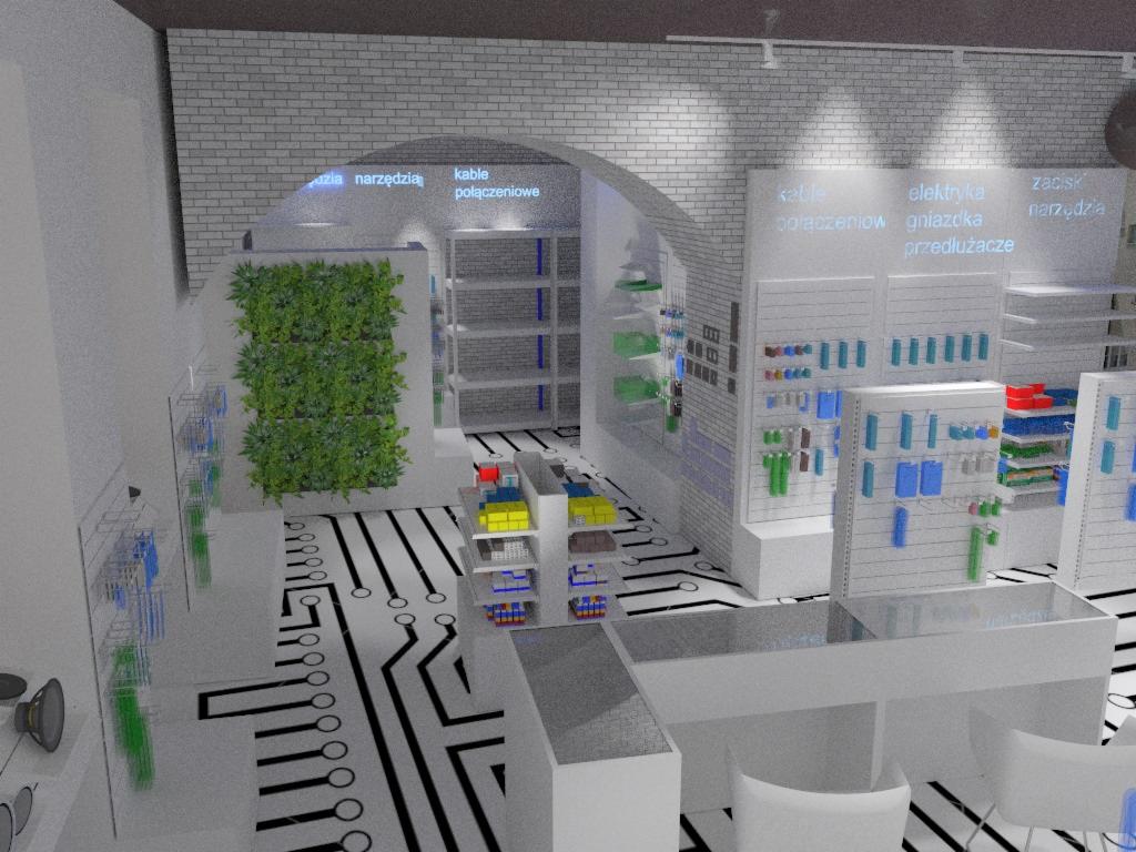 Wizualizacja 3D wnętrza sklepu z artykułami elektrycznymi w Świdnicy, z ekspozycją produktów na regałach i pionową ścianą zieleni, podłoga z motywem płyty głównej.