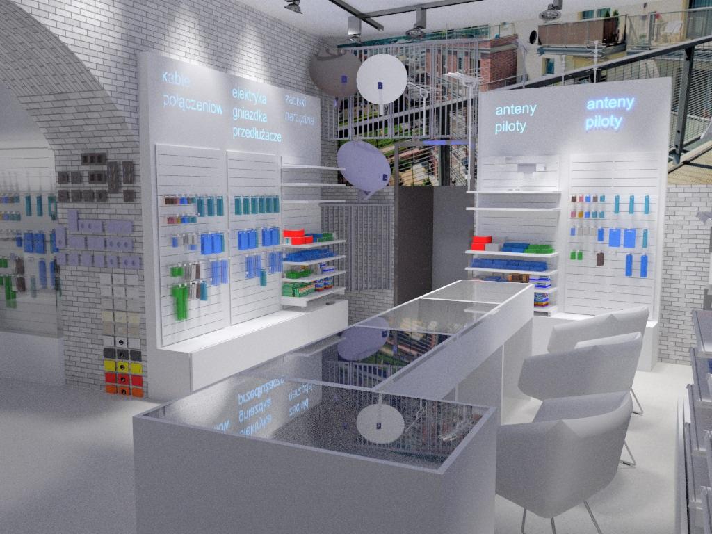 Wizualizacja wnętrza sklepu z artykułami elektrycznymi i antenami, prezentująca regały z produktami, oświetlenie sufitowe i minimalistyczne białe meble.