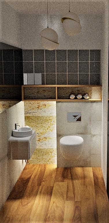 Nowoczesna łazienka z drewnianą podłogą, szarą umywalką nablatową, wiszącą toaletą i dekoracyjnymi kulami na półce pod ciemnymi płytkami.