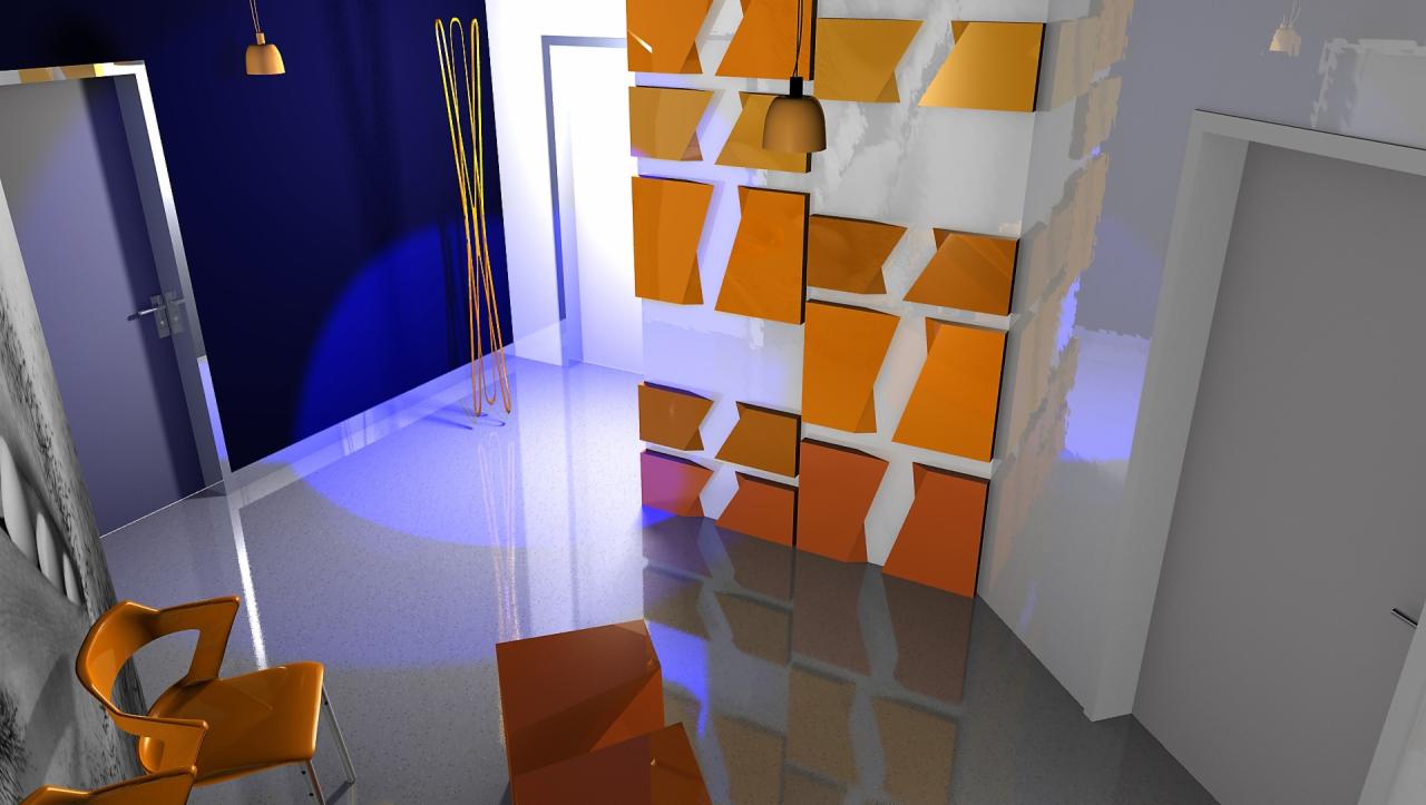 Wizualizacja wnętrza z dekoracyjną ścianą z pomarańczowych paneli, minimalistycznymi krzesłami i niebieskim oświetleniem akcentującym