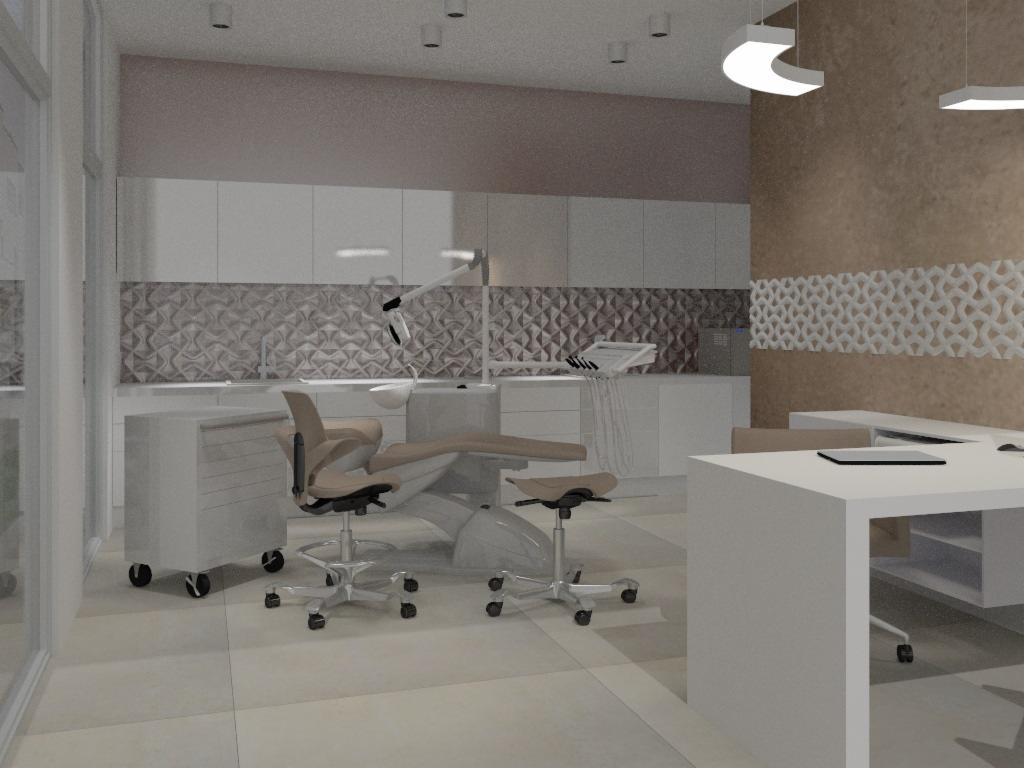 Wizualizacja wnętrza gabinetu dentystycznego z beżowo-szarą kolorystyką, nowoczesnym fotelem dentystycznym, białymi szafkami i dekoracyjną ścianą z geometrycznym wzorem.
