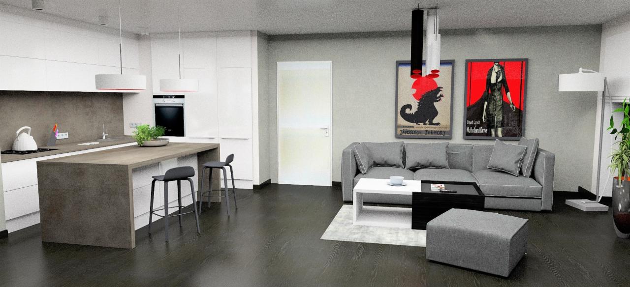 Nowoczesne wnętrze: minimalistyczna kuchnia z wyspą i szarymi hokerami, połączona z salonem, gdzie stoi szara sofa z poduszkami, biały stolik kawowy i puf, a na ścianie wiszą plakaty filmowe.