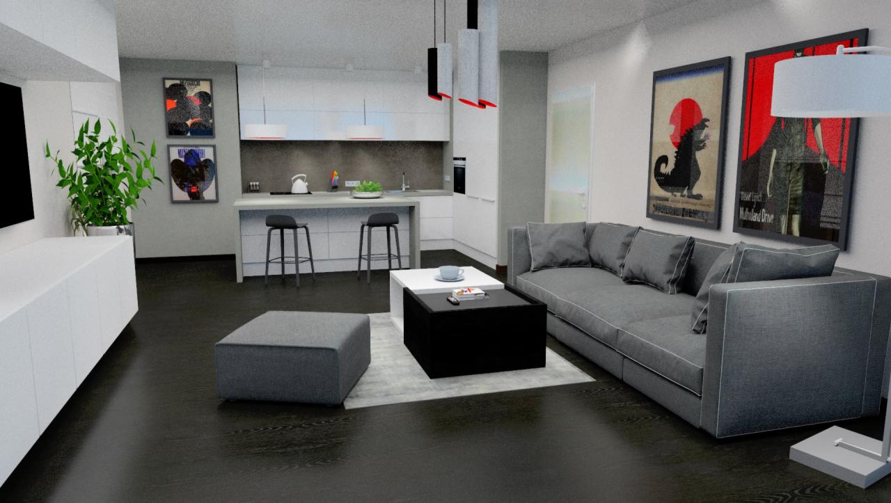 Nowoczesny salon z szarą sofą, stolikami kawowymi i minimalistyczną kuchnią w tle, oświetlony designerskimi lampami wiszącymi.