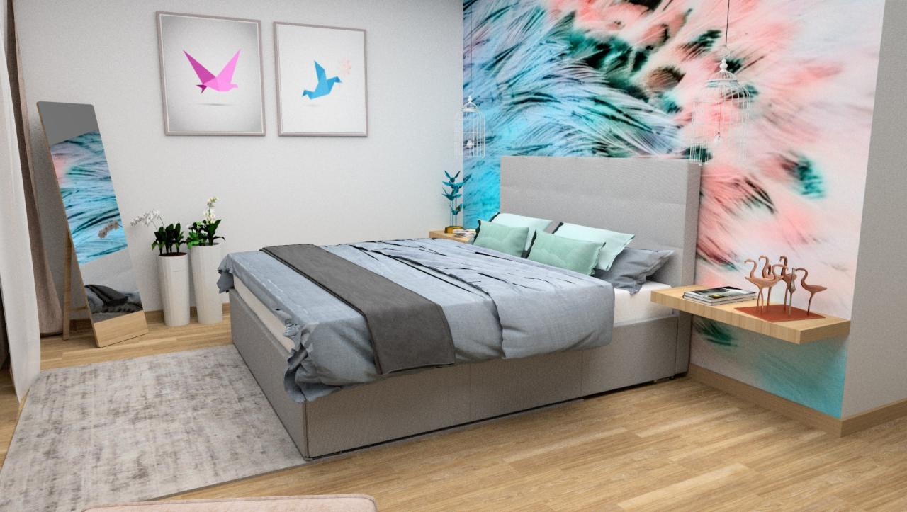 Nowoczesna sypialnia z łóżkiem kontynentalnym, dekoracyjną tapetą w pióra, lustrem w drewnianej ramie, obrazkami z origami ptaków i drewnianą podłogą.