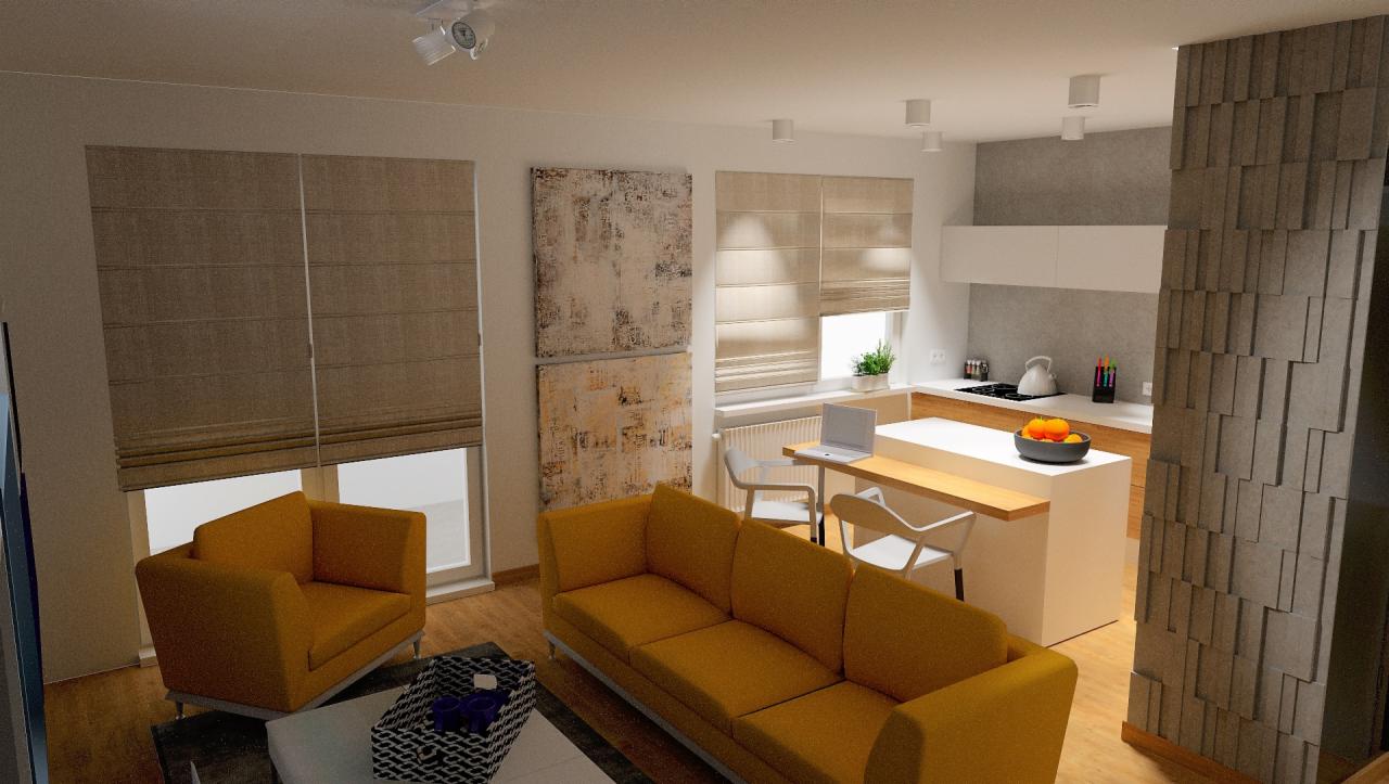 Wizualizacja przestronnego wnętrza mieszkania z otwartą kuchnią, żółtymi sofami i fotelami, minimalistycznym wystrojem oraz dekoracyjną ścianą z paneli 3D.