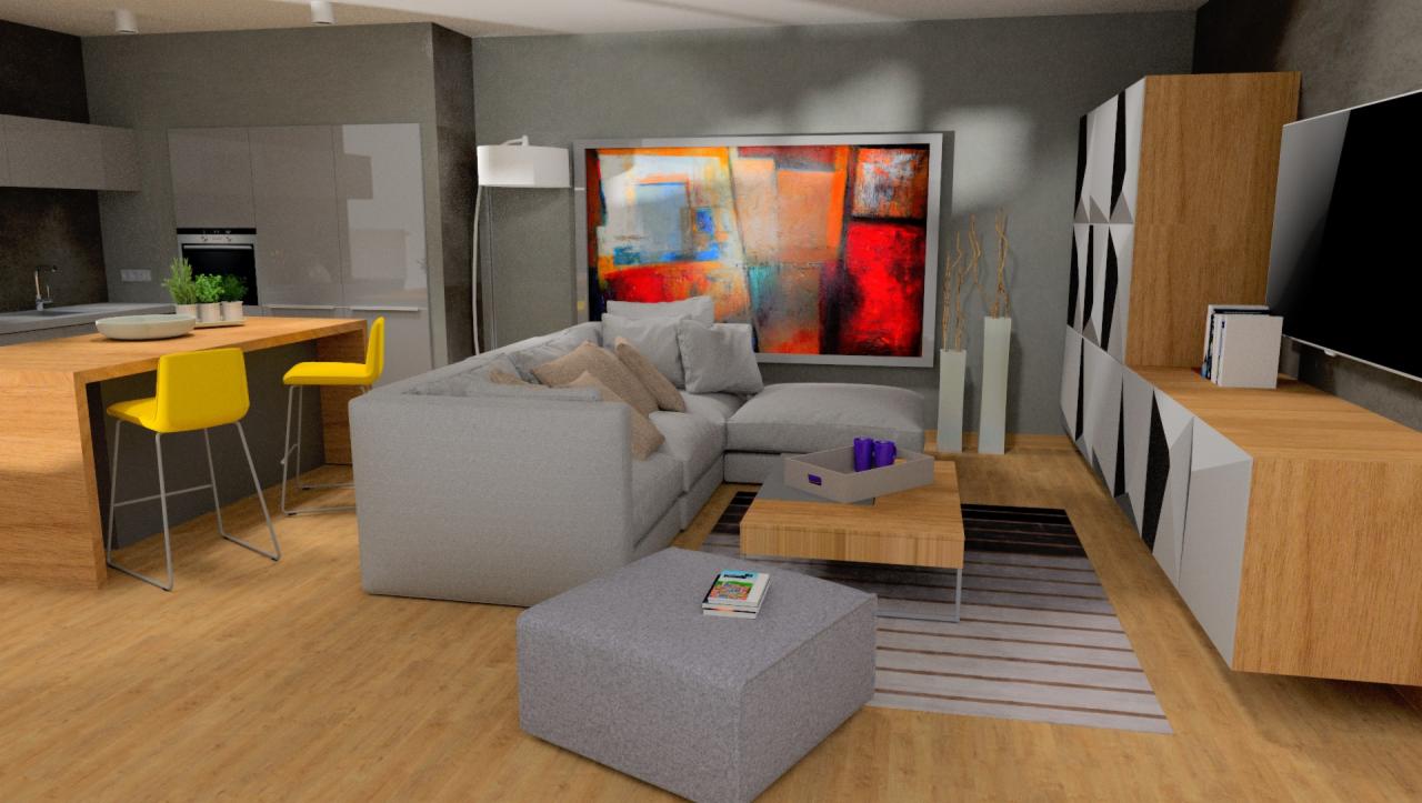 Wizualizacja przestronnego salonu z aneksem kuchennym, szary narożnik z beżowymi poduszkami, abstrakcyjny obraz na ścianie, żółte krzesła barowe przy drewnianej wyspie kuchennej, nowoczesna szafka...