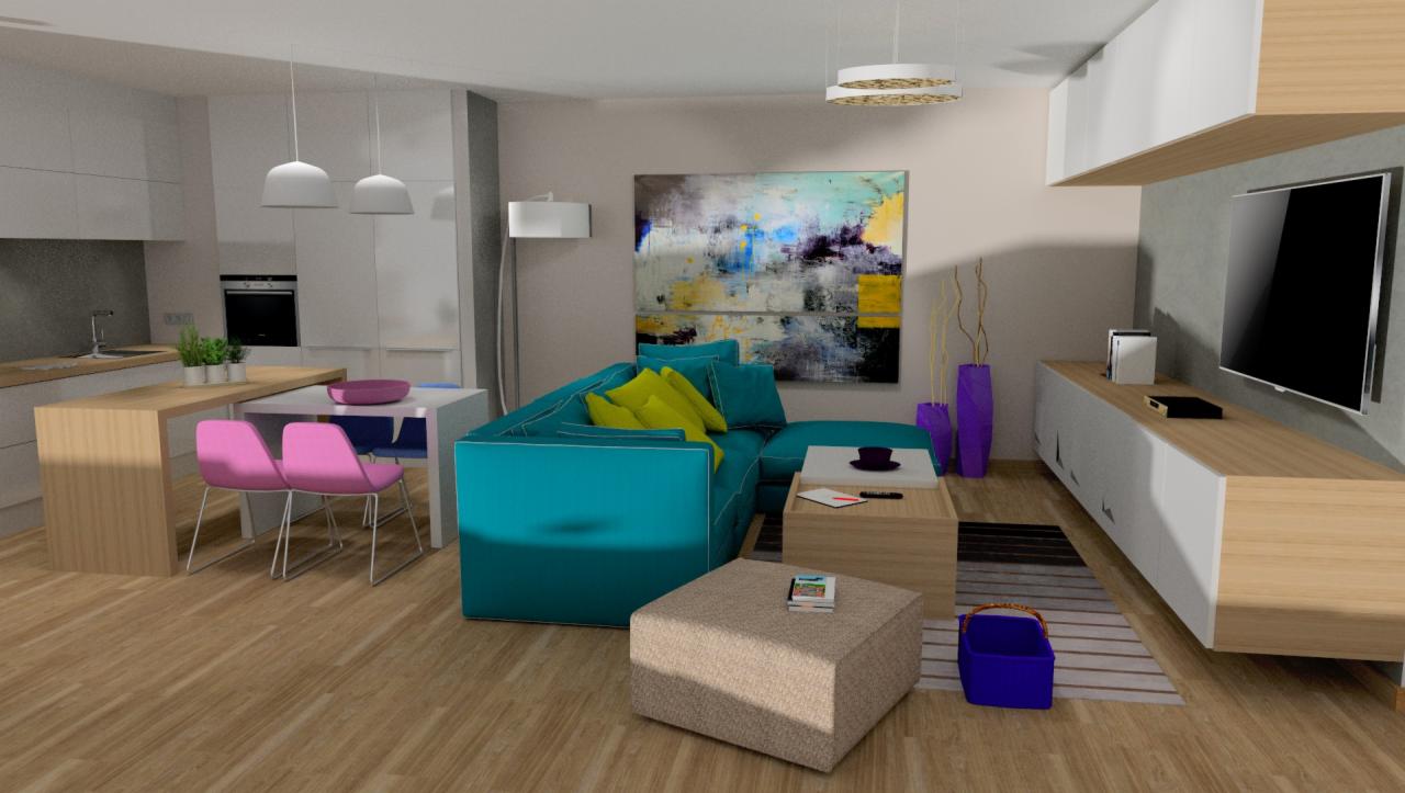 Wizualizacja przestronnego salonu z otwartą kuchnią, turkusowy narożnik z żółtymi poduszkami, abstrakcyjny obraz na ścianie, różowe krzesła przy stole w jadalni.