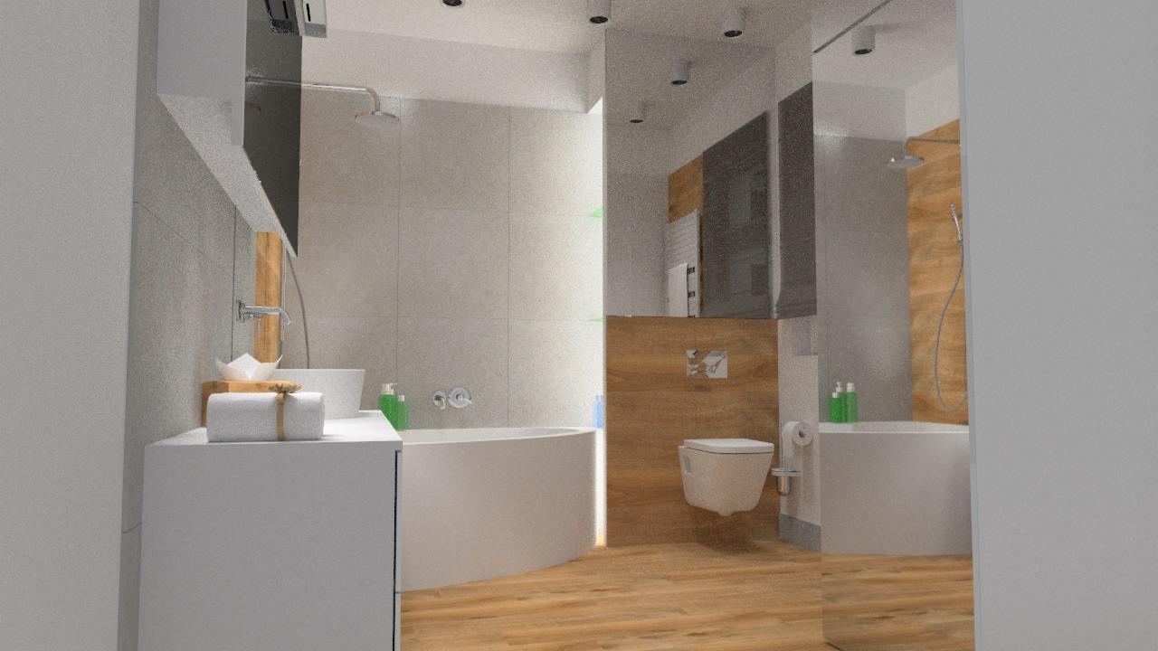 Wizualizacja nowoczesnej łazienki z drewnianymi akcentami, owalną wanną i minimalistyczną umywalką z ręcznikami.