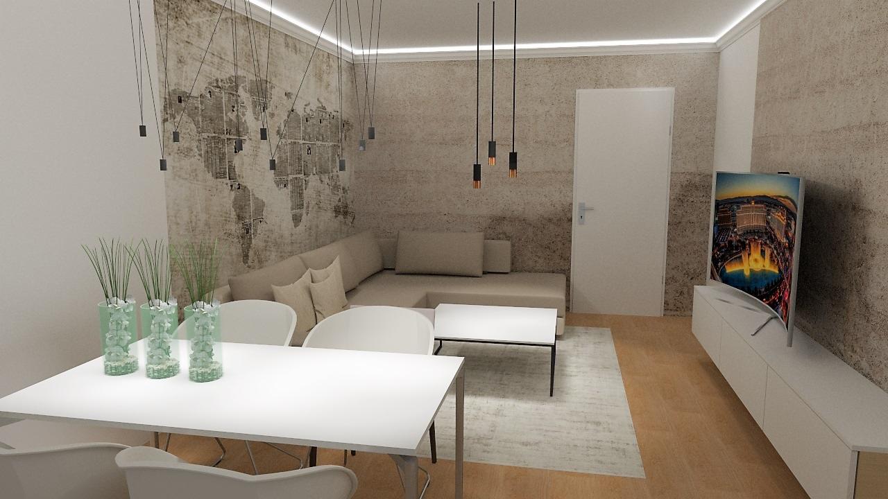 Wizualizacja salonu z mapą świata na ścianie, minimalistycznym oświetleniem wiszącym i białymi meblami, w tym stołem jadalnym z trzema wazonami z trawą.