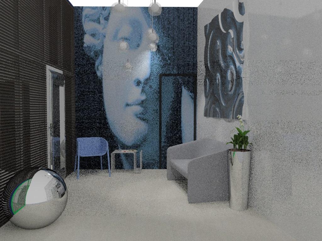 Wizualizacja pokoju z dekoracyjną ścianą z portretem, nowoczesnym siedziskiem, rośliną w metalowej donicy i chromowaną kulą.