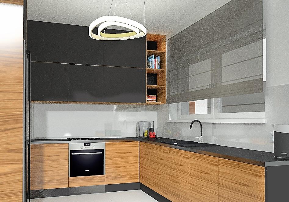 Wizualizacja nowoczesnej kuchni z czarnymi szafkami górnymi, drewnianymi frontami dolnymi i okrągłą lampą wiszącą. Na blacie widoczny czarny zlew i bateria, a na półce obok szafek książki i dekoracje.