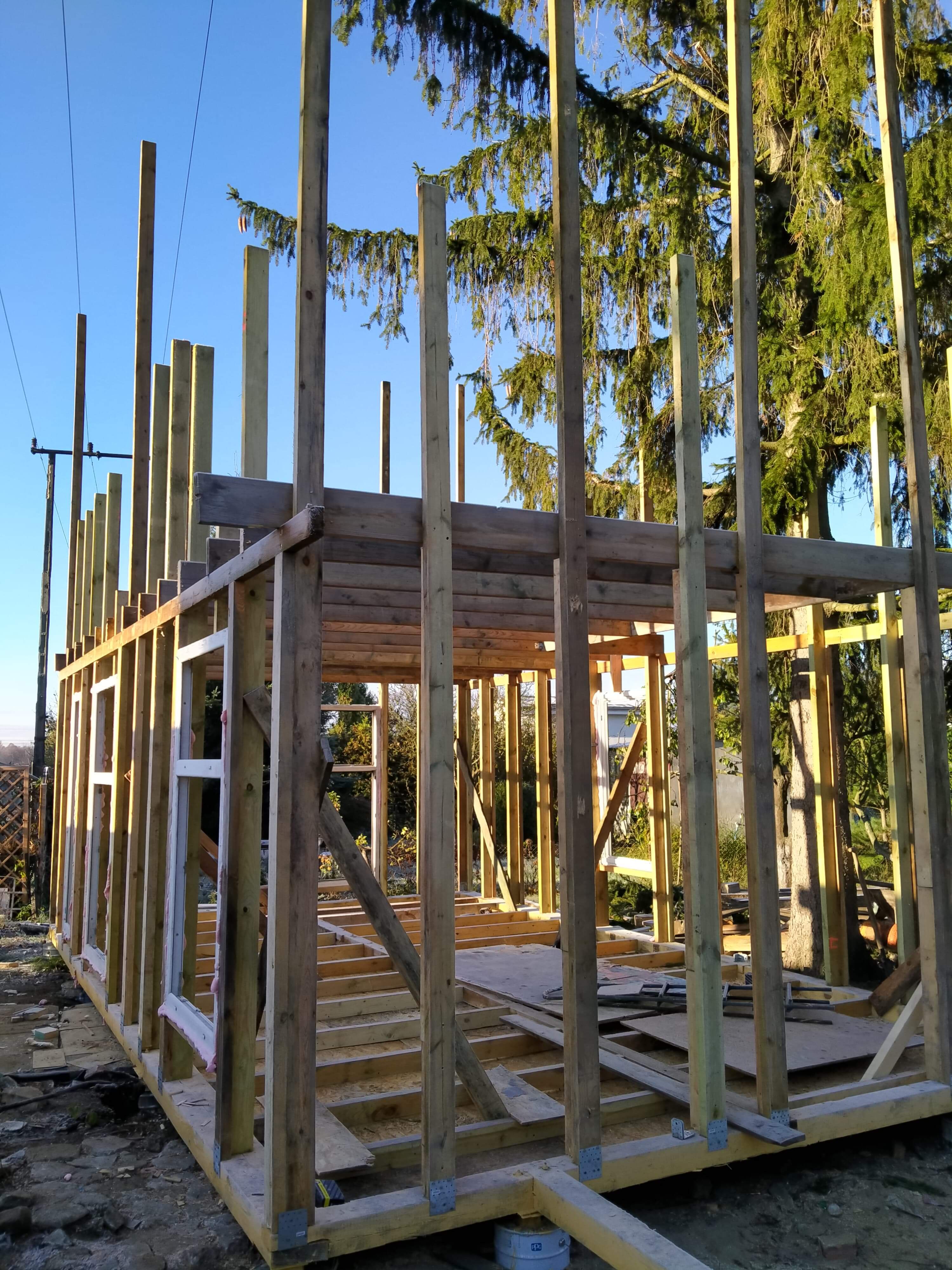 Wznoszenie szkieletu domu z drewnianych belek na fundamencie, widoczne słupy i legary, w tle drzewa iglaste i błękitne niebo.
