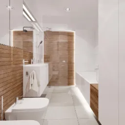 Nowoczesna łazienka z drewnianymi akcentami: ściana z paneli drewnianych za umywalką, przeszklona kabina prysznicowa z drewnianą ścianą, biała wanna z drewnianą obudową, minimalistyczna armatura...