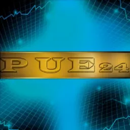 Złoty napis PUE24 na tle niebieskiej siatki z wykresami.