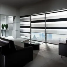 Nowoczesne wnętrze z dużymi oknami przesłoniętymi roletami w poziome pasy, widok na panoramę miasta w tle, czarna skórzana sofa i fotel.