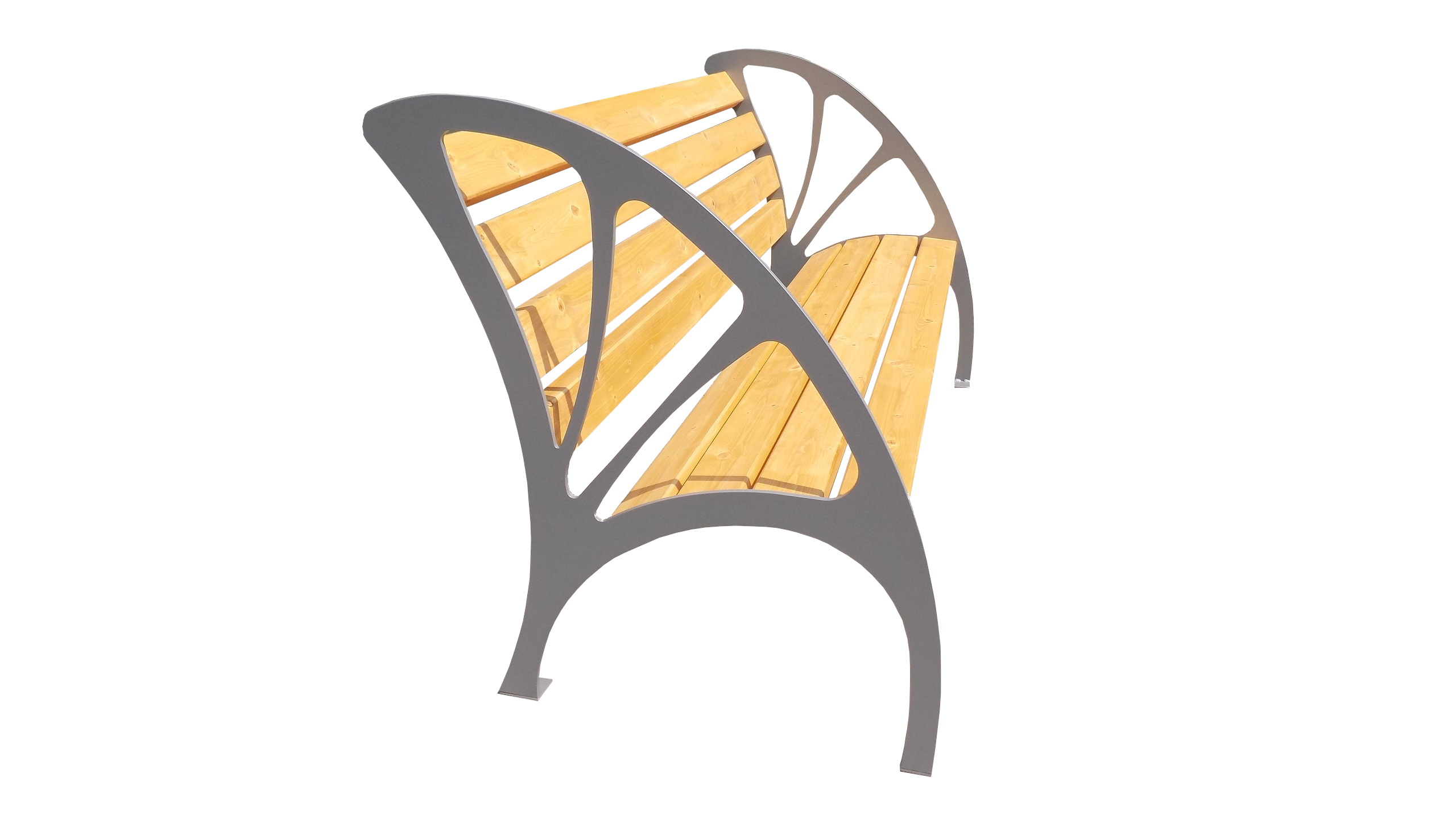 Nowoczesna ławka parkowa z jasnego drewna i szarej metalowej konstrukcji, widok z boku na białym tle.