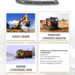 Prezentacja firmy Rokitki Tadeusza Łabudy: żółta koparka na tle błękitnego nieba podczas robót ziemnych, pomarańczowa ciężarówka Scania transportująca kruszywo oraz pługopiaskarka do budowy...