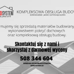 Grafika reklamowa firmy BudSystem oferującej kompleksową obsługę budowy, sprzedaż materiałów budowlanych i wykonawstwo pokryć dachowych, z numerem telefonu i adresem e-mail.
