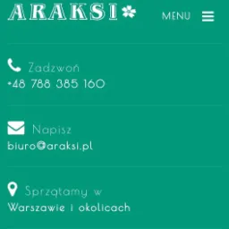 Kontakt do firmy sprzątającej Arakasi: numer telefonu, adres e-mail i informacja o sprzątaniu w Warszawie i okolicach, widoczne na zielonym tle.