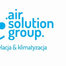Niebieskie logo firmy Air Solution Group z symbolem wentylatora i tekstem 'wentylacja & klimatyzacja'.