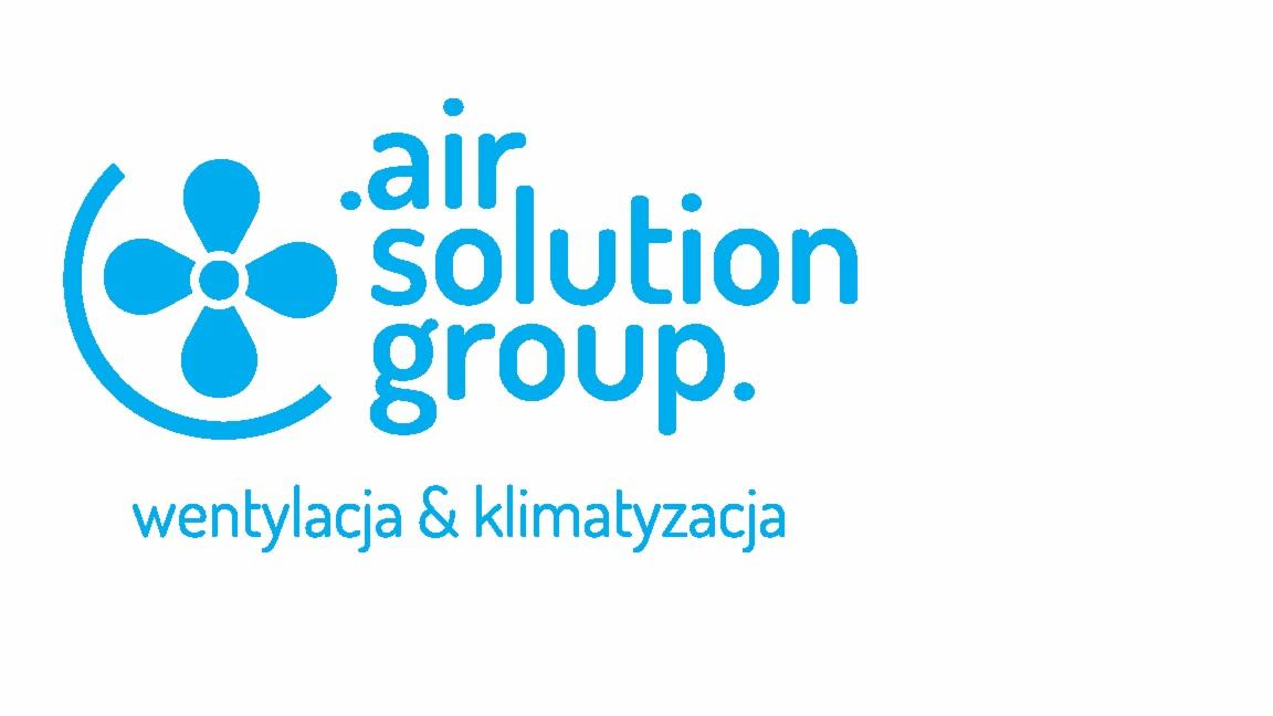 Niebieskie logo firmy Air Solution Group z symbolem wentylatora i tekstem 'wentylacja & klimatyzacja'.