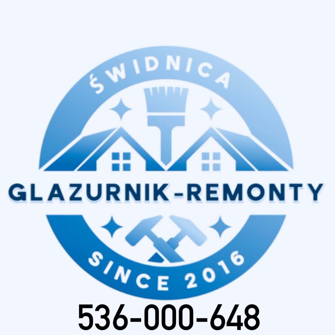 Niebieskie logo firmy remontowej z Świdnicy, z pędzlem, domami i skrzyżowanymi młotkami. Napis 'Glazurnik-Remonty' i numer telefonu. Działalność od 2016 roku.