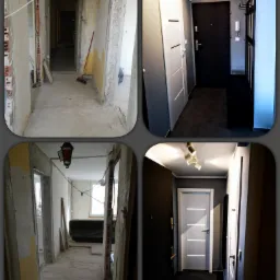 Kolaż przedstawiający korytarz w dwóch etapach: przed i po renowacji, z widocznymi przewodami elektrycznymi i odsłoniętą cegłą w stanie surowym oraz wykończonym wnętrzem z szarą kolorystyką...