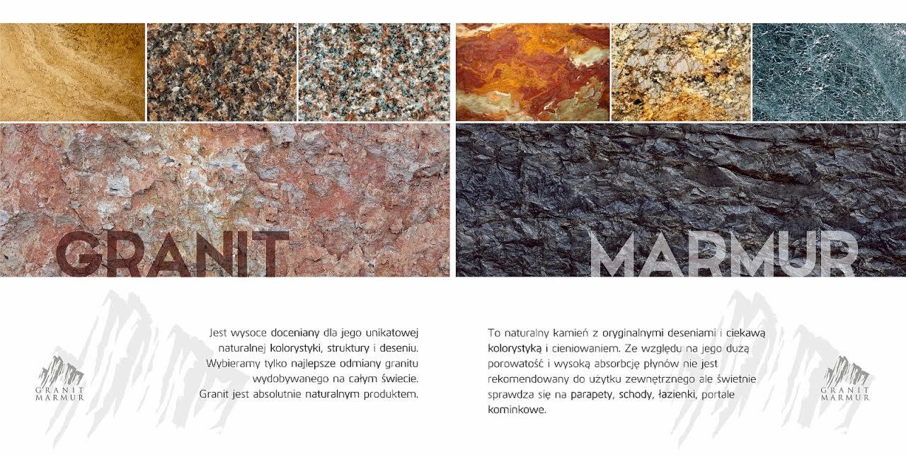Prezentacja różnych rodzajów granitu i marmuru, ukazująca ich unikalną kolorystykę i strukturę, wraz z informacjami o ich zastosowaniu.