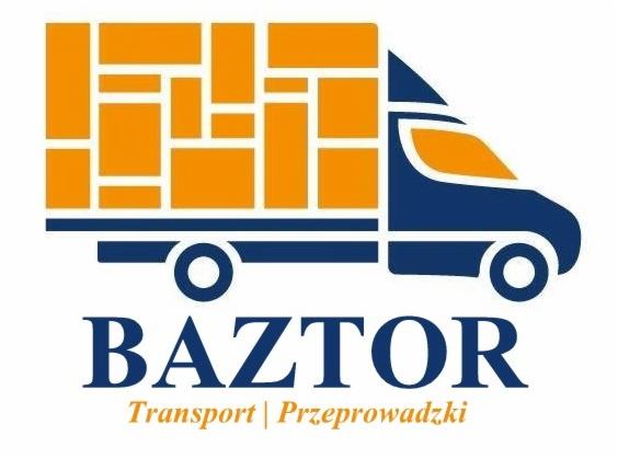 Logo firmy transportowej BAZTOR przedstawiające stylizowaną ciężarówkę z pomarańczowymi paczkami w przestrzeni ładunkowej i niebieską kabiną, z napisem 'Transport | Przeprowadzki' pod nazwą firmy.