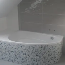 Biała wanna obudowana mozaiką w łazience na poddaszu, szare płytki na ścianie w romby, widoczne dysze do hydromasażu.