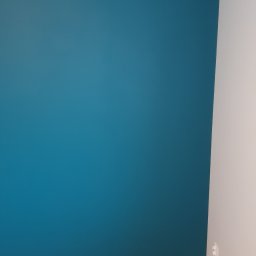 MB Constructions Michał Borkowski - Ściana pomalowana na intensywny odcień niebieskiego, z białym wykończeniem listew przypodłogowych i sufitowych, oraz parkiet ułożony w jodełkę, widoczny fragment gniazdka elektrycznego.