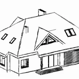 Szkic perspektywiczny domu jednorodzinnego z dachem dwuspadowym, lukarnami i garażem z roletą, wykonany czarną linią na białym tle.