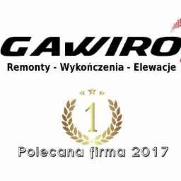 Logo firmy GAWIRO z hasłem Remonty - Wykończenia - Elewacje oraz nagroda Polecana Firma 2017 z symbolem numer 1 w złotym wieńcu.