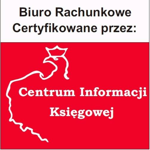 Logo Biura Rachunkowego certyfikowanego przez Centrum Informacji Księgowej z symbolem białego orła w koronie na czerwonym tle.