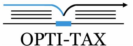 Logo firmy Opti-Tax z motywem otwartej księgi rachunkowej, gdzie niebieski element symbolizuje optymalizację podatkową.