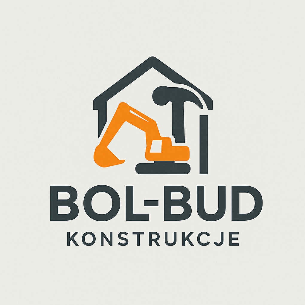 Graficzne logo firmy budowlanej: sylwetka domu z koparką i młotkiem, nazwa 'BOL-BUD KONSTRUKCJE' w ciemnej tonacji na jasnym tle.