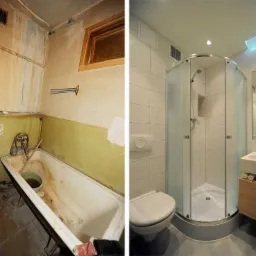 Por&oacute;wnanie stanu łazienki przed i po: zaniedbana wanna i toaleta kontra nowoczesny prysznic narożny, umywalka na szafce i białe płytki.