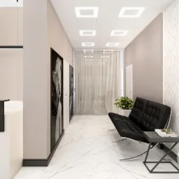 Wizualizacja wnętrza kliniki: minimalistyczna poczekalnia z czarną sofą Barcelona, marmurową podłogą, recepcją z ciemnego drewna i grafiki na ścianach.