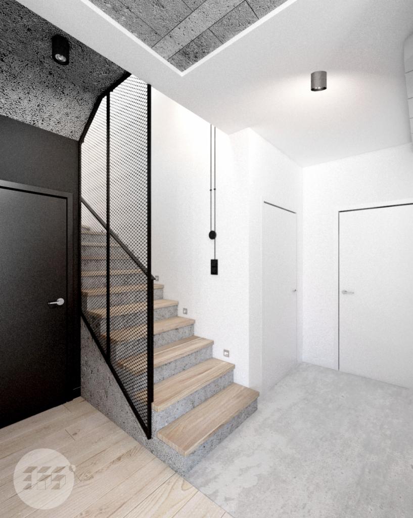 Nowoczesne schody z drewnianymi stopniami i metalową ażurową balustradą w minimalistycznym wnętrzu z betonowym sufitem i białymi ścianami.