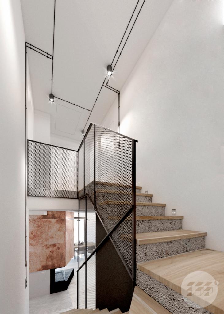 Nowoczesne schody z drewnianymi stopniami i metalową balustradą z siatki, oświetlenie punktowe na ścianie, widok na minimalistyczne wnętrze z elementami w kolorze rdzy.