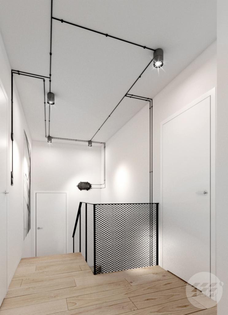 Białe wnętrze z drewnianą podłogą, czarną metalową balustradą schodów i minimalistycznym oświetleniem sufitowym z czarnymi rurkami.