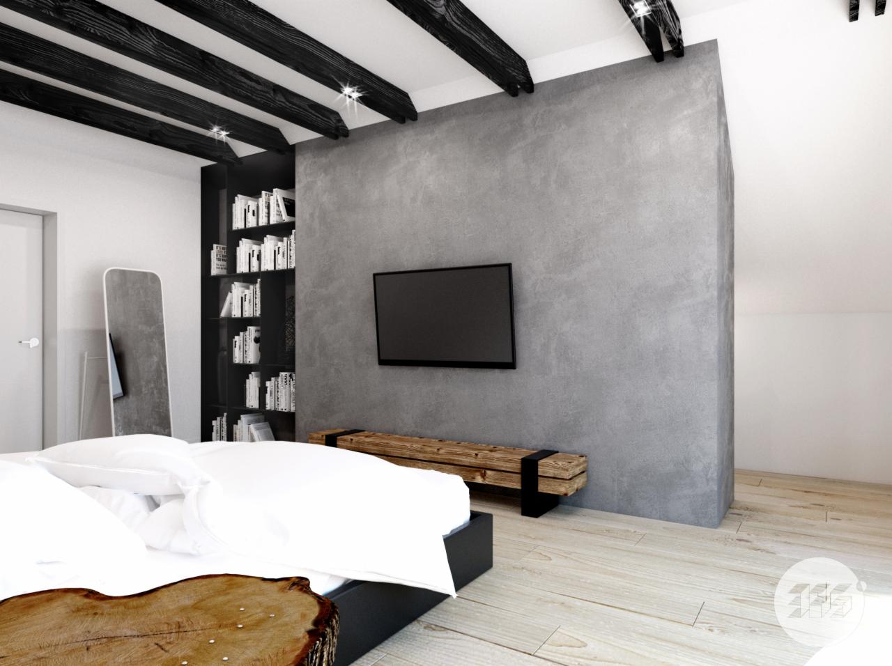 Sypialnia w stylu loft z drewnianym sufitem, szarą ścianą z telewizorem, drewnianą szafką RTV, czarnym regałem z książkami i lustrem.