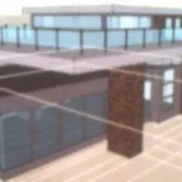 Wizualizacja 3D nowoczesnego domu z płaskim dachem, dużymi przeszkleniami i elementami z ciemnej cegły, prezentowana w perspektywie z góry.