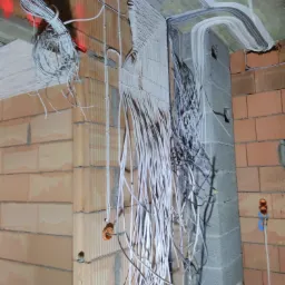 Rozprowadzenie przewodów elektrycznych w surowym wnętrzu, widoczne kable przymocowane do ściany z cegły oraz betonowego słupa, fragment instalacji podtynkowej z puszką elektryczną.
